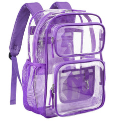 PACKISM Clear Backpack for School - 17 inch Large Heavy Duty Clear Bookbag See Through PVC Transparent Backpacks with 2 Front Pockets for College Work Purple (for age 12 above)