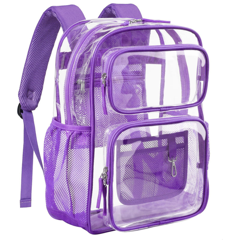 PACKISM Clear Backpack for School - 17 inch Large Heavy Duty Clear Bookbag See Through PVC Transparent Backpacks with 2 Front Pockets for College Work Purple (for age 12 above)